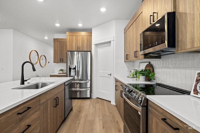 kitchen featuring sink, stainless steel appliances, light hardwood / wood-style floors, and decorative backsplash