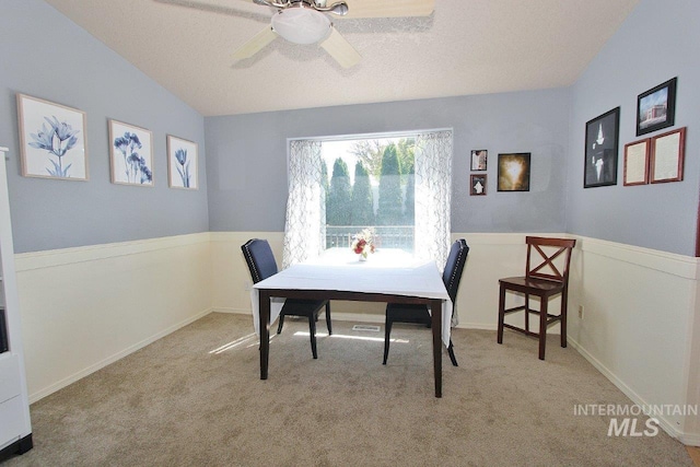 16696 Snowgoose St, Nampa, ID 83687 - dining room featuring carpet, ceiling fan, lofted ceiling, and a textured ceiling