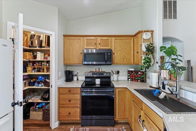 3318 E Princess Amy Ct, Nampa, ID 83687 - kitchen featuring stainless steel microwave, range with electric stovetop, light countertops, vaulted ceiling, and wood finished floors