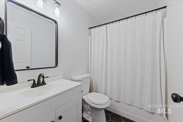 3318 E Princess Amy Ct, Nampa, ID 83687 - full bathroom with vanity, toilet, tile patterned floors, shower / bath combo with shower curtain, and a textured ceiling