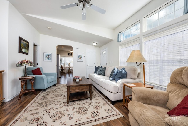 421 Curtis Rd Unit 120, Boise, ID 83705 - living area featuring dark wood-style flooring, ceiling fan, lofted ceiling, and baseboards