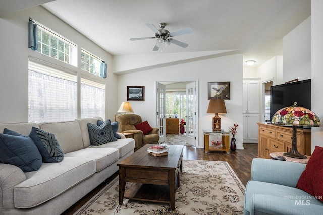 421 Curtis Rd Unit 120, Boise, ID 83705 - living area with ceiling fan, dark wood finished floors, and lofted ceiling