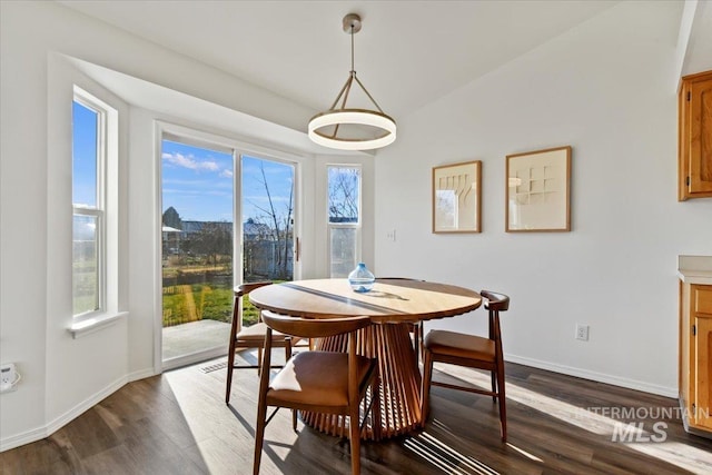 dining room featuring dark hardwood / wood-style flooring, lofted ceiling, and plenty of natural light