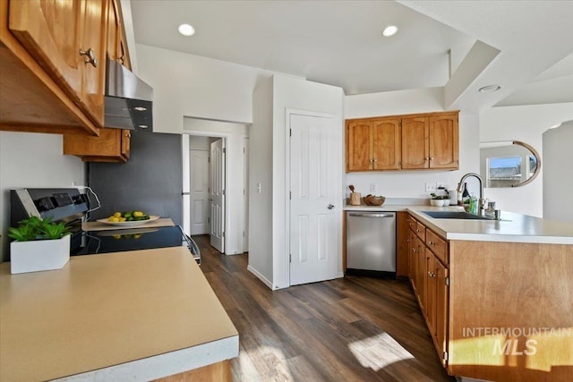 kitchen with range hood, dark wood-type flooring, appliances with stainless steel finishes, and sink