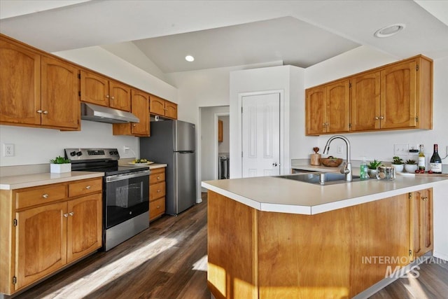 kitchen with kitchen peninsula, vaulted ceiling, dark hardwood / wood-style floors, appliances with stainless steel finishes, and sink