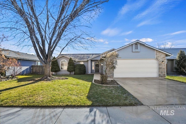 single story home featuring a front yard and a garage