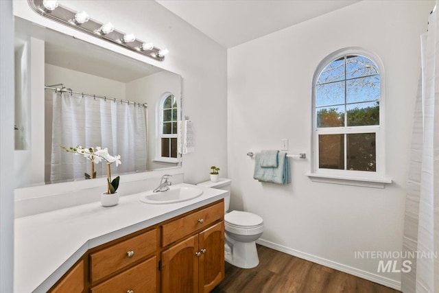 bathroom featuring toilet, wood-type flooring, and vanity