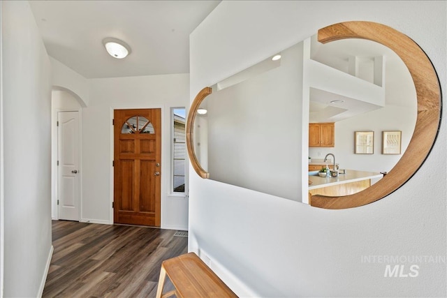 entrance foyer with sink and dark hardwood / wood-style floors