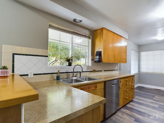 kitchen with dishwasher, tasteful backsplash, sink, and dark hardwood / wood-style floors