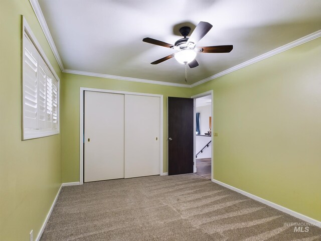 unfurnished bedroom featuring ceiling fan, carpet flooring, ornamental molding, and a closet