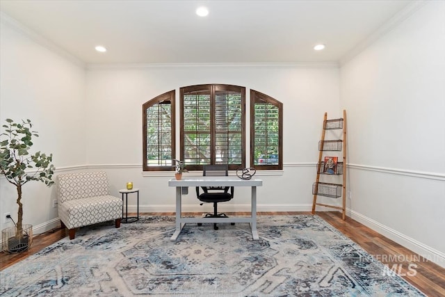 1512 E Rivers End Ct, Eagle, ID 83616 - office area with crown molding, wood finished floors, and recessed lighting