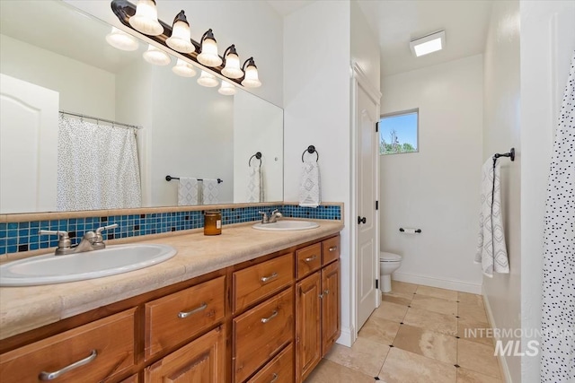 1512 E Rivers End Ct, Eagle, ID 83616 - bathroom with double vanity, tasteful backsplash, tile patterned floors, and a shower with curtain
