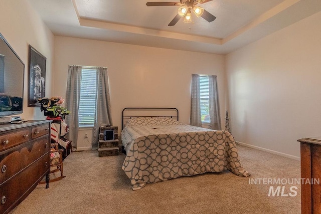 150 Cayuse Creek Dr, Kimberly, ID 83341 - bedroom featuring carpet, a raised ceiling, and a ceiling fan