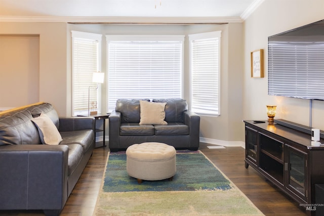 living room with crown molding and dark wood-type flooring