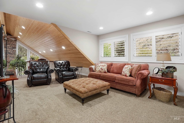 9 Autumn Blaze Ln, Salmon, ID 83467 - living room with carpet floors, recessed lighting, wooden ceiling, baseboards, and lofted ceiling