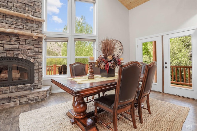 9 Autumn Blaze Ln, Salmon, ID 83467 - dining room with high vaulted ceiling, hardwood / wood-style floors, plenty of natural light, and a fireplace