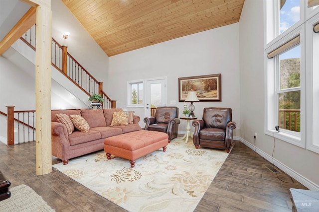 9 Autumn Blaze Ln, Salmon, ID 83467 - living room with high vaulted ceiling, plenty of natural light, wood finished floors, stairway, and wood ceiling