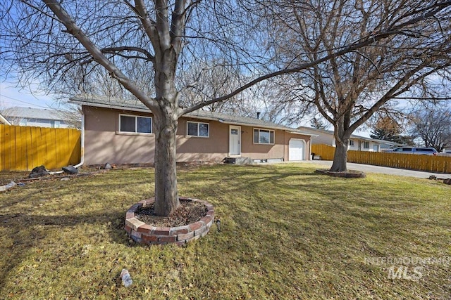 single story home with a garage, stucco siding, fence, and a front yard