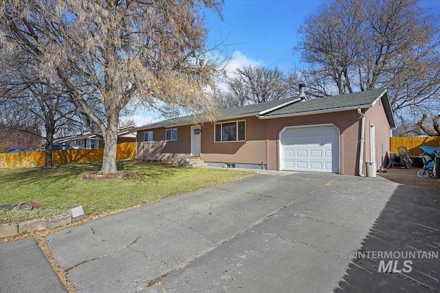 single story home featuring a garage, driveway, fence, a front lawn, and stucco siding