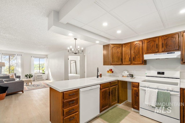 122 N Washington, Moscow, ID 83843 - kitchen featuring a sink, a peninsula, white appliances, under cabinet range hood, and open floor plan