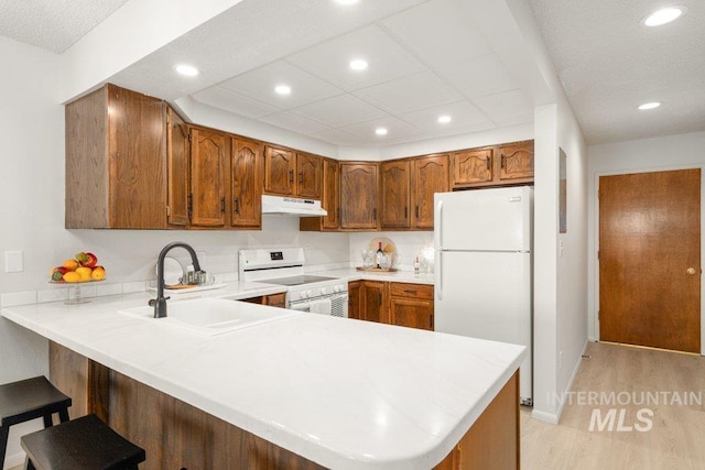 122 N Washington, Moscow, ID 83843 - kitchen with recessed lighting, under cabinet range hood, white appliances, a sink, and a peninsula