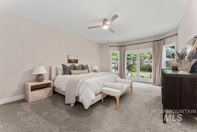 bedroom featuring access to exterior, carpet, ceiling fan, and baseboards