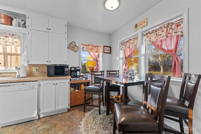 kitchen with tasteful backsplash, white dishwasher, plenty of natural light, and white cabinets