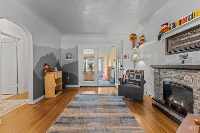 living room featuring hardwood / wood-style flooring and a fireplace