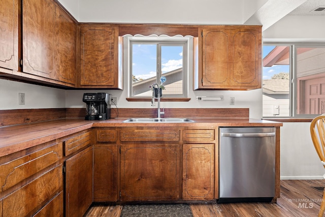 kitchen featuring sink, stainless steel dishwasher, and dark wood-type flooring