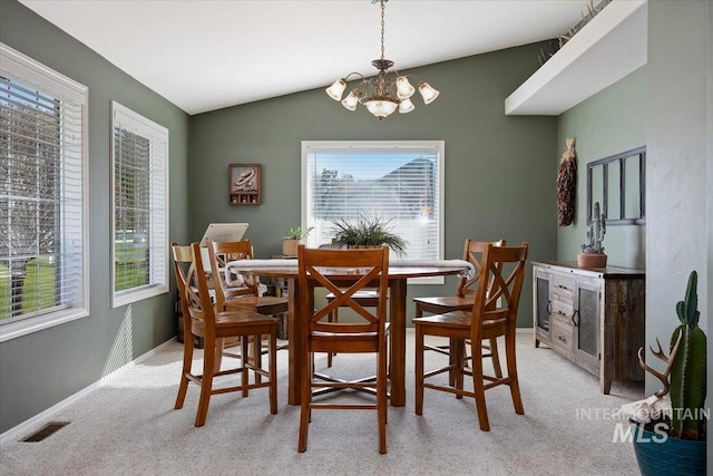 323 W 100 N, Jerome, ID 83338 - dining space with a chandelier, visible vents, light colored carpet, and lofted ceiling