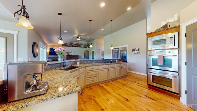 3634 E 3892 N, Kimberly, ID 83341 - kitchen with a sink, stainless steel appliances, light wood-type flooring, lofted ceiling, and pendant lighting
