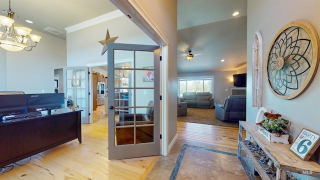 3634 E 3892 N, Kimberly, ID 83341 - interior space with french doors, a chandelier, ceiling fan, wood finished floors, and a towering ceiling