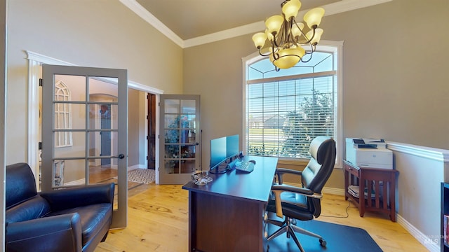 3634 E 3892 N, Kimberly, ID 83341 - office area featuring a chandelier, ornamental molding, wood finished floors, and baseboards