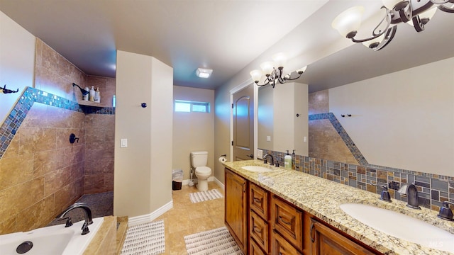 3634 E 3892 N, Kimberly, ID 83341 - bathroom featuring a walk in shower, a chandelier, toilet, and tiled tub