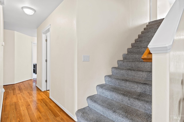 staircase featuring wood-type flooring