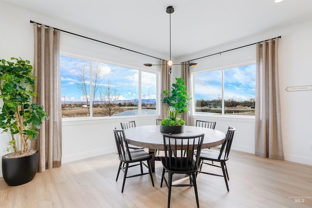 dining space featuring light wood-type flooring and a water view