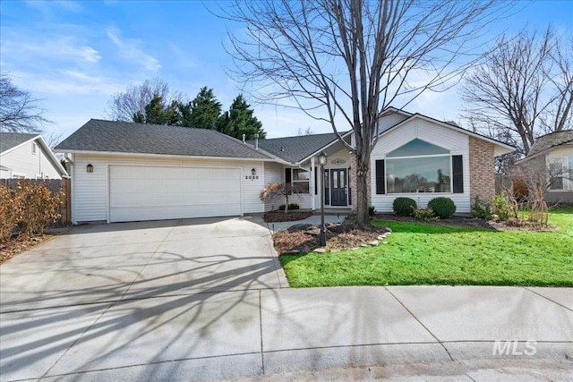 single story home with a garage, driveway, a front lawn, and fence