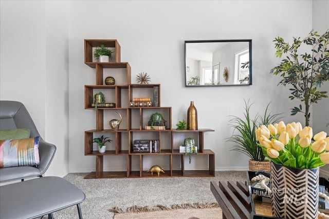 sitting room with carpet flooring and baseboards