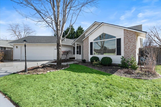 ranch-style house with brick siding, an attached garage, fence, driveway, and a front lawn