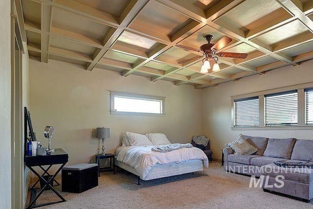1878 W Sheep Hill Ct, Meridian, ID 83646 - carpeted bedroom featuring coffered ceiling, beam ceiling, and a ceiling fan