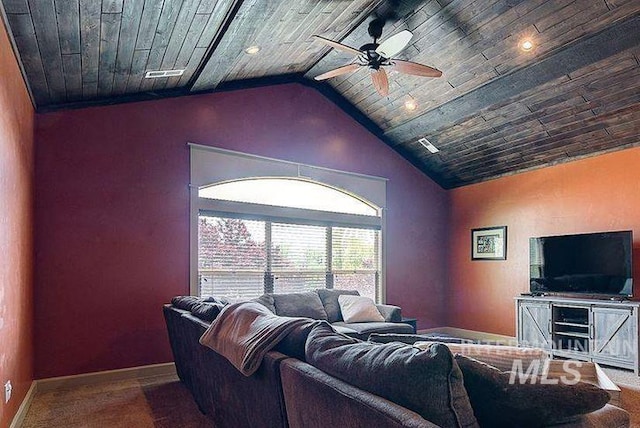 1878 W Sheep Hill Ct, Meridian, ID 83646 - living room with ceiling fan, vaulted ceiling, wood ceiling, carpet flooring, and recessed lighting