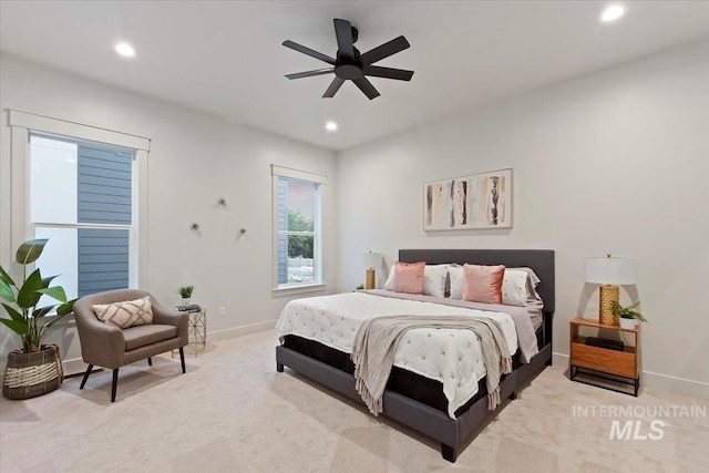 bedroom featuring carpet, recessed lighting, baseboards, and ceiling fan