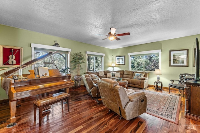 911 Davis, Mccall, ID 83638 - living room featuring ceiling fan, wood finished floors, plenty of natural light, baseboards, and a textured ceiling