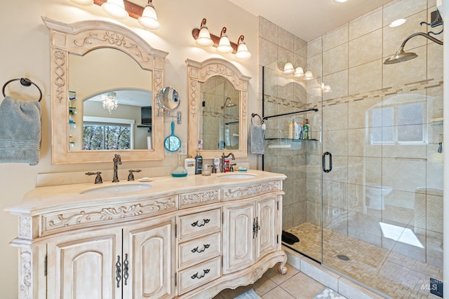 911 Davis, Mccall, ID 83638 - bathroom with a stall shower, double vanity, and tile patterned floors