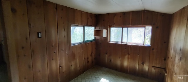 empty room featuring wooden walls, lofted ceiling, and a healthy amount of sunlight