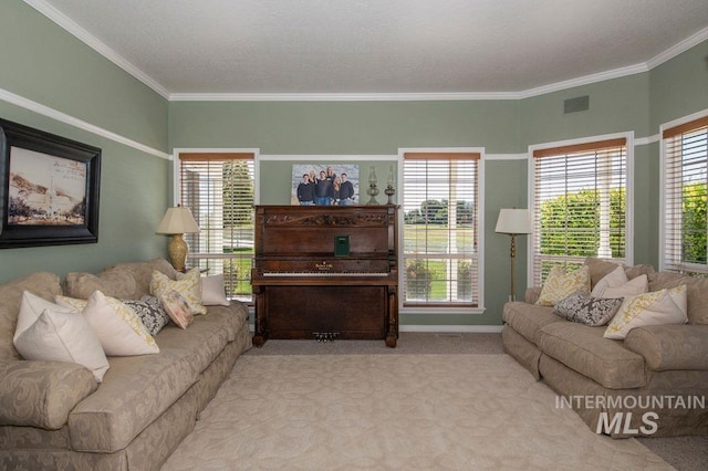 8344 Partridge Dr, Nampa, ID 83686 - living room with crown molding, a healthy amount of sunlight, visible vents, and carpet