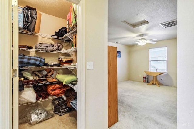 spacious closet with attic access, carpet, and visible vents