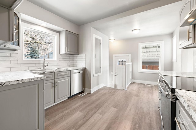 kitchen with gray cabinetry, stainless steel appliances, a sink, decorative backsplash, and light wood finished floors