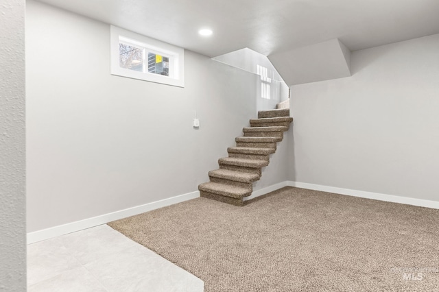 staircase with recessed lighting, carpet flooring, and baseboards