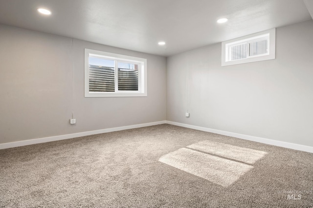 interior space with recessed lighting, carpet, and baseboards